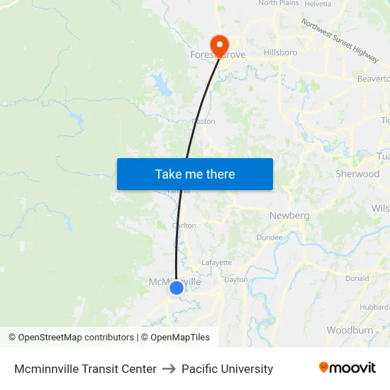Mcminnville Transit Center to Pacific University map