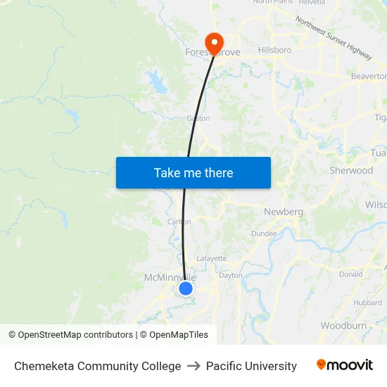 Chemeketa Community College to Pacific University map