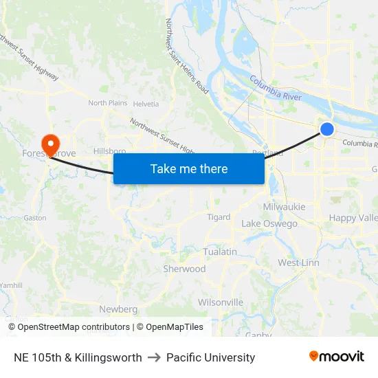 NE 105th & Killingsworth to Pacific University map