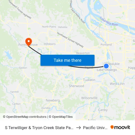 S Terwilliger & Tryon Creek State Park Entrance to Pacific University map