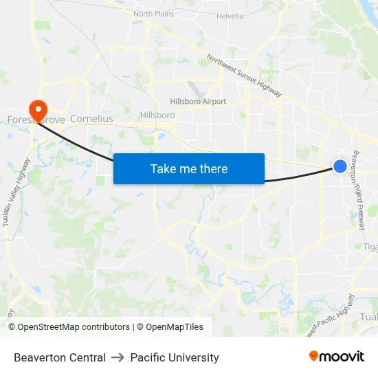 Beaverton Central to Pacific University map
