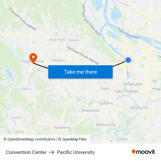 Convention Center to Pacific University map