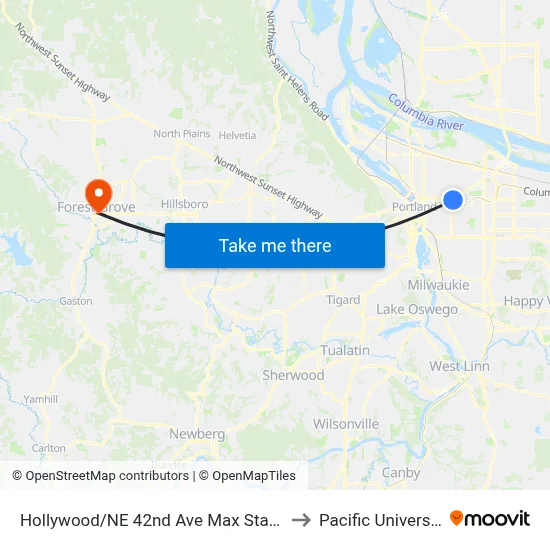 Hollywood/NE 42nd Ave Max Station to Pacific University map
