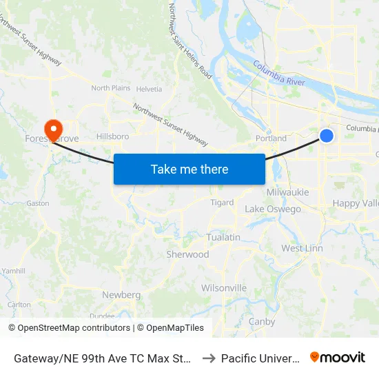 Gateway/NE 99th Ave TC Max Station to Pacific University map