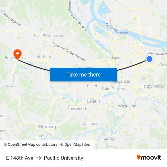 E 148th Ave to Pacific University map