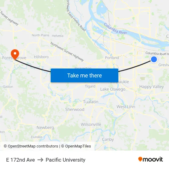 E 172nd Ave to Pacific University map
