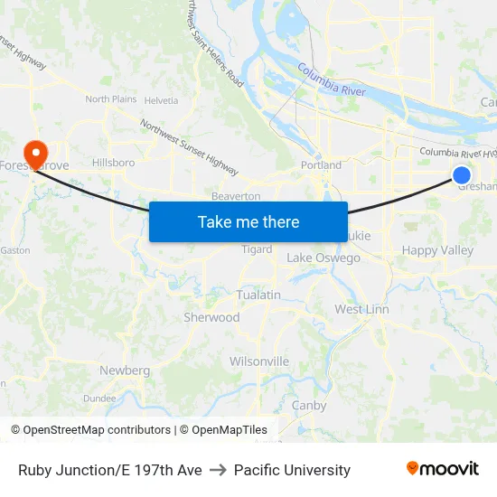 Ruby Junction/E 197th Ave to Pacific University map