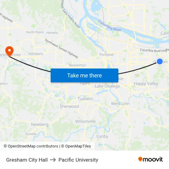 Gresham City Hall to Pacific University map