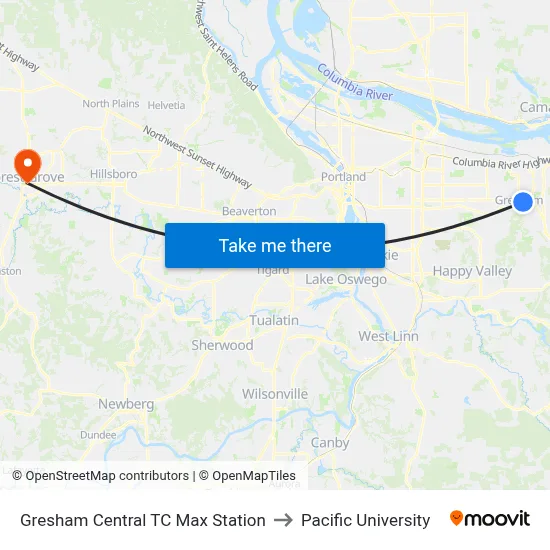 Gresham Central TC Max Station to Pacific University map