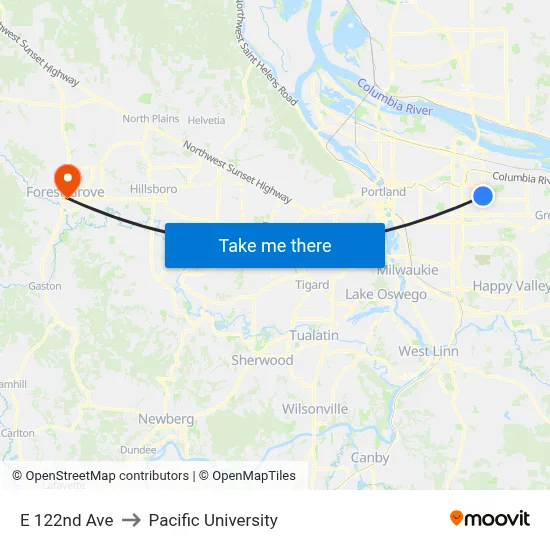 E 122nd Ave to Pacific University map