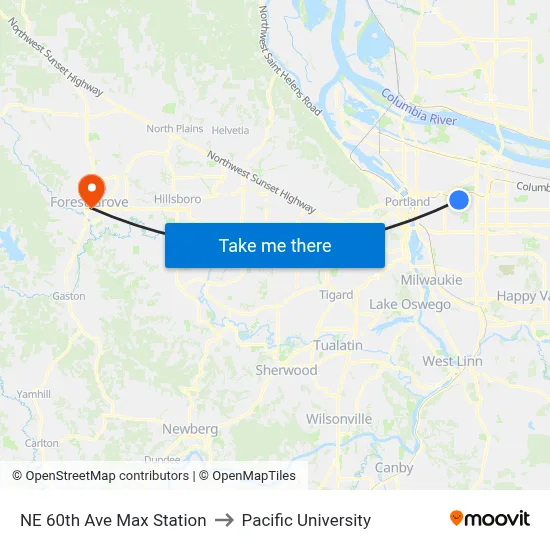NE 60th Ave Max Station to Pacific University map