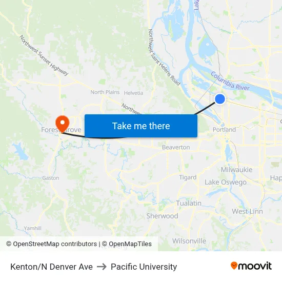 Kenton/N Denver Ave to Pacific University map