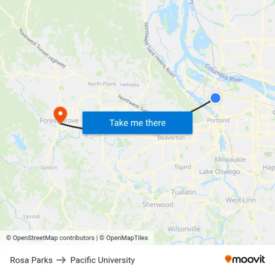 Rosa Parks to Pacific University map
