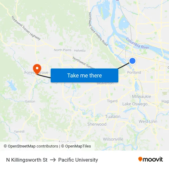 N Killingsworth St to Pacific University map