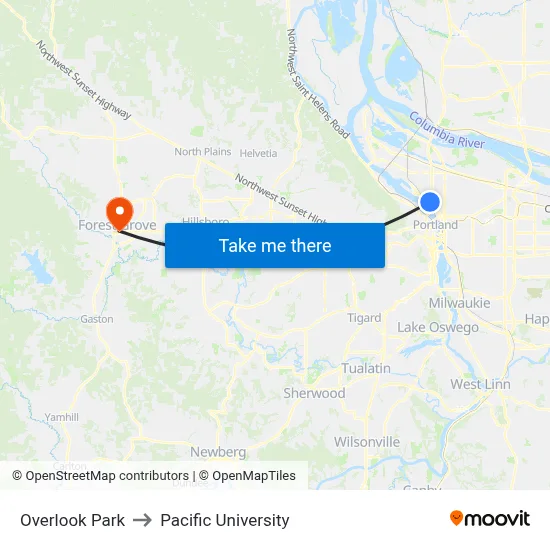 Overlook Park to Pacific University map