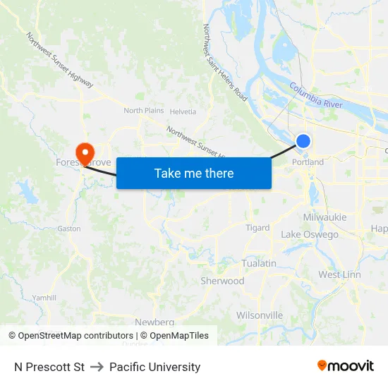 N Prescott St to Pacific University map