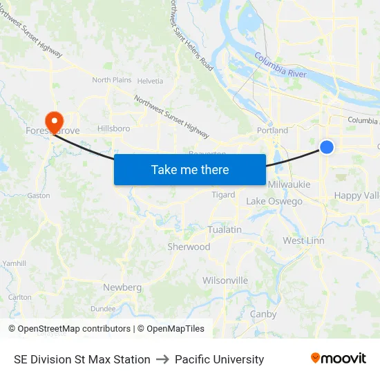 SE Division St Max Station to Pacific University map