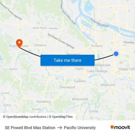 SE Powell Blvd Max Station to Pacific University map
