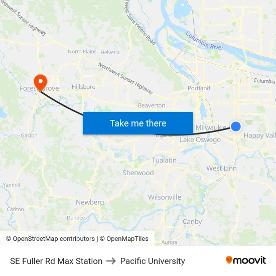 SE Fuller Rd Max Station to Pacific University map