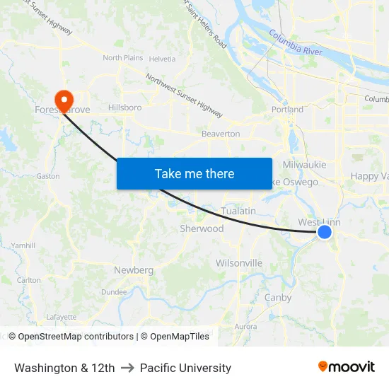 Washington & 12th to Pacific University map
