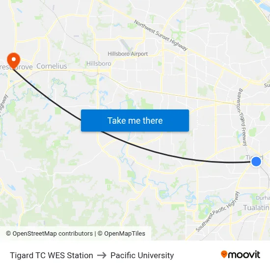 Tigard TC WES Station to Pacific University map