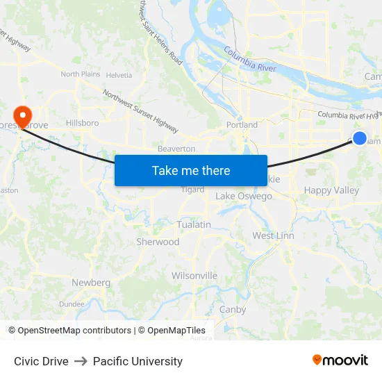 Civic Drive to Pacific University map