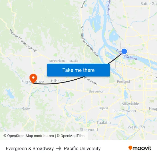 Evergreen & Broadway to Pacific University map