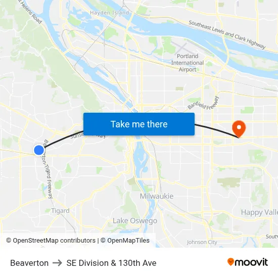 Beaverton to SE Division & 130th Ave map