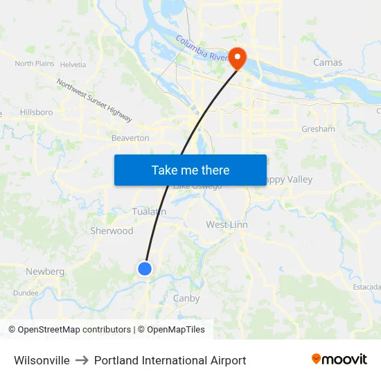 Wilsonville to Portland International Airport map