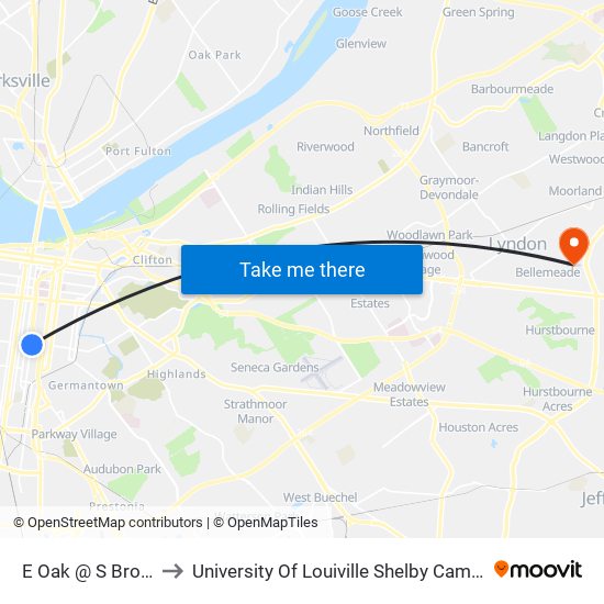 E Oak @ S Brook to University Of Louiville Shelby Campus map