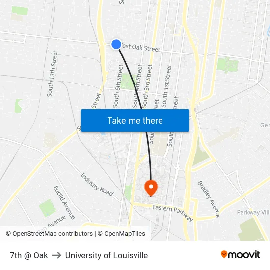 7th @ Oak to University of Louisville map