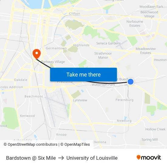 Bardstown @ Six Mile to University of Louisville map