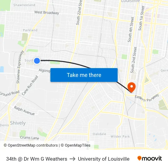 34th @ Dr Wm G Weathers to University of Louisville map