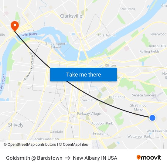 Goldsmith @ Bardstown to New Albany IN USA map