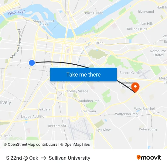 S 22nd @ Oak to Sullivan University map