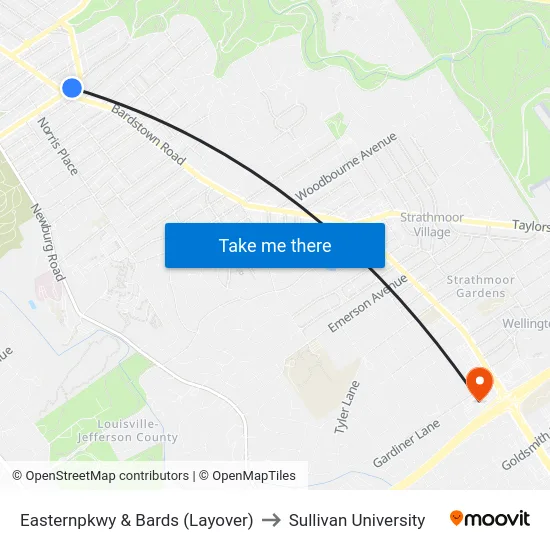Easternpkwy & Bards (Layover) to Sullivan University map