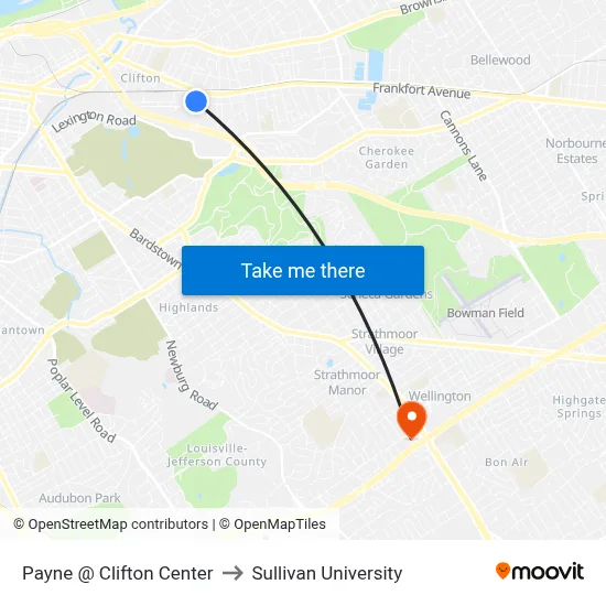 Payne @ Clifton Center to Sullivan University map