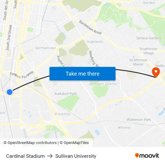 Cardinal Stadium to Sullivan University map