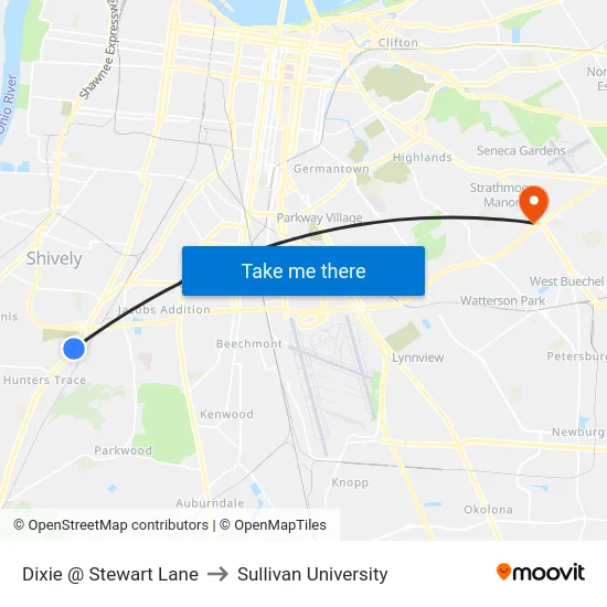 Dixie @ Stewart Lane to Sullivan University map