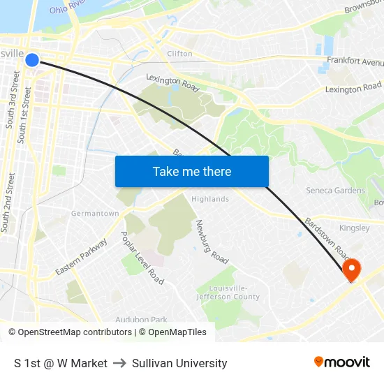 S 1st @ W Market to Sullivan University map
