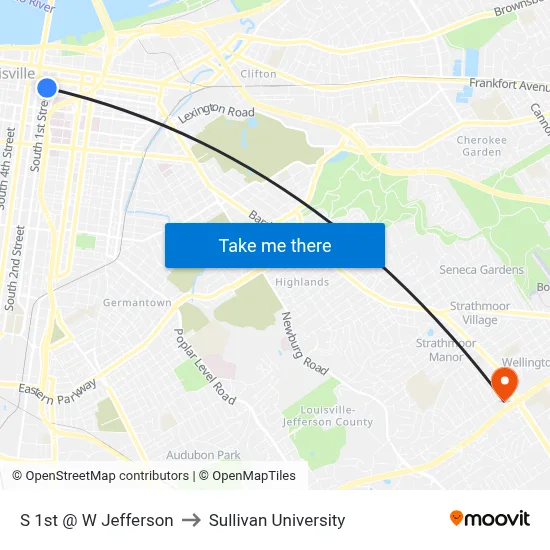 S 1st @ W Jefferson to Sullivan University map