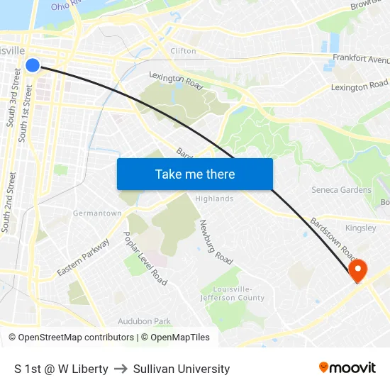 S 1st @ W Liberty to Sullivan University map