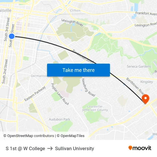 S 1st @ W College to Sullivan University map