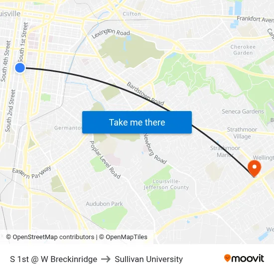 S 1st @ W Breckinridge to Sullivan University map
