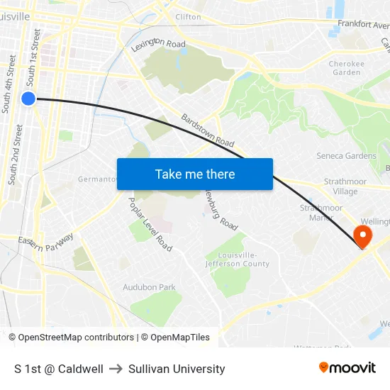 S 1st @ Caldwell to Sullivan University map