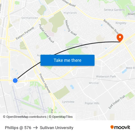 Phillips @ 576 to Sullivan University map