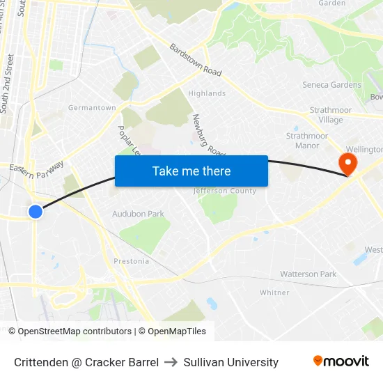 Crittenden @ Cracker Barrel to Sullivan University map