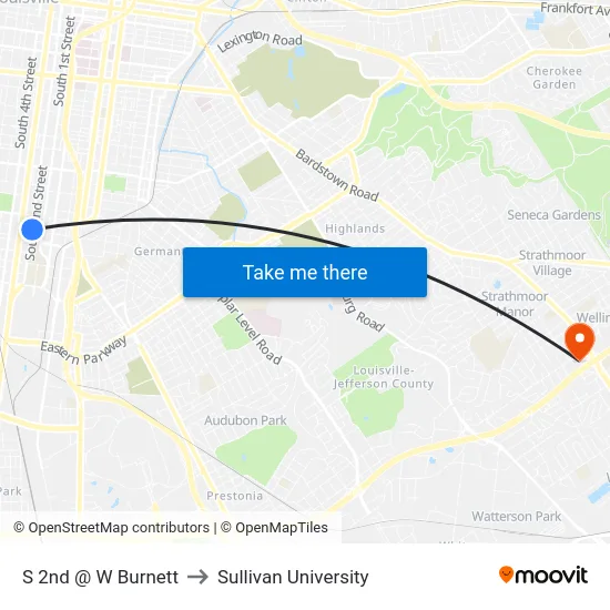 S 2nd @ W Burnett to Sullivan University map