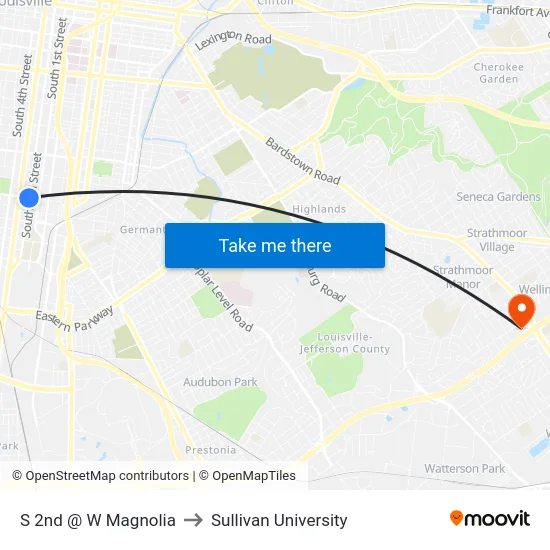 S 2nd @ W Magnolia to Sullivan University map