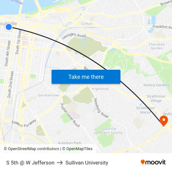 S 5th @ W Jefferson to Sullivan University map
